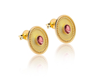 Byzantine Ruby Gold Earrings, Handmade Greek Jewelry