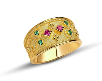 Ruby Emerald Yellow Gold Ring, Byzantine Ring, 18K Gold Byzantine Ring, Natural Gemstone Solid Gold Ring, Greek Ring, Greek jewelry