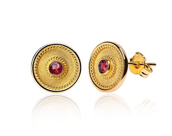 18K Gold Byzantine Ruby Earrings, Handmade Greek Jewelry