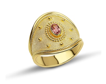 Pink Tourmaline Ring, Byzantine Ring, 18K Gold Byzantine Ring, Gemstone Solid Gold Ring, Greek Style Ring, Greek Jewelry, Greek Ring