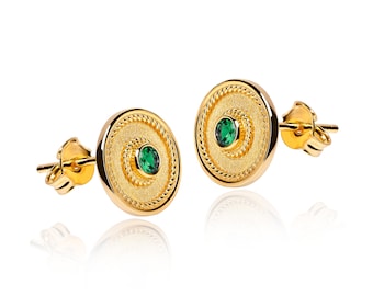 Byzantine 18K Gold Emerald Earrings, Handmade Greek Jewelry