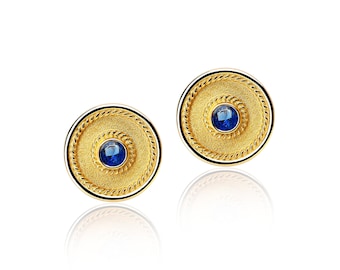 Byzantine Sapphire Gold Earrings, Handmade Greek Jewelry