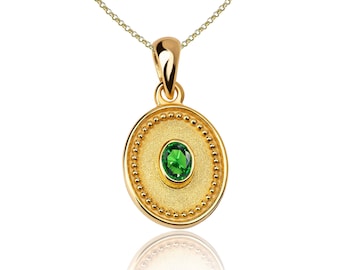 Oval Emerald Byzantine Pendant, 14K Gold Greek Jewelry