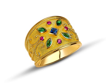 Anneau jaune d’or de pierre multi, anneau byzantin, anneau byzantin d’or de 18K, anneau en or massif de pierre gemme naturelle, anneau grec, émeraude de saphir rubis