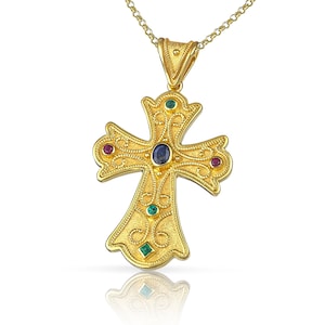 Ruby Sapphire Emerald Cross, 18K Solid Gold, Byzantine Cross, Greek Cross, Gold Cross, Orthodox Cross, Baptism Cross, Etruscan Cross