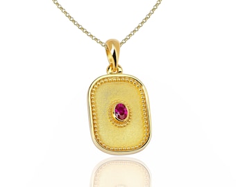 Gold Byzantine Pendant, Natural Ruby, Handmade Greek Jewelry