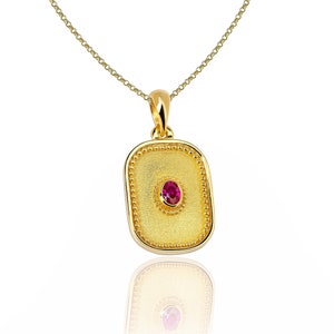 Gold Beads Byzantine Pendant, Oval Bezel Natural Ruby, Byzantine Jewelry, Greek Jewelry, 14K 18K Gold, Geometric Pendant, Greek Pendant