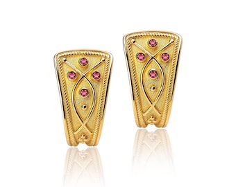 18K Gold Byzantine Ruby Earrings, Handmade Greek Jewelry