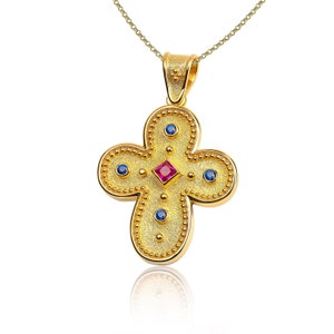 Ruby Sapphires Byzantine Cross, Greek Cross, Gold Cross, Orthodox Cross, Baptism Cross, 18K Solid Gold Cross, Etruscan Cross, Gemstone