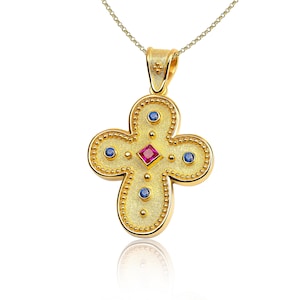 Ruby Sapphires Byzantine Cross, Greek Cross, Gold Cross, Orthodox Cross, Baptism Cross, 18K Solid Gold Cross, Etruscan Cross, Gemstone