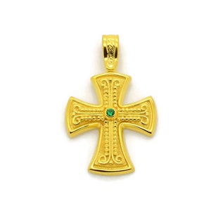 14k Baptism Cross, 14K Gold Cross, Byzantine Gold Cross Pendant, Natural Emerald Cross, Greek Gold Cross, Greek Jewelry, Filigree Cross