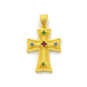 Greek Cross, Multi Stone Cross, Orthodox Cross, 14K Gold Cross, Byzantine Cross, Cross Pendant, Gemstone Cross, Greek Jewelry, Ruby Emerald