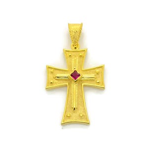 Princess Cut Ruby Cross, Natural Ruby Cross, 14k Baptism Cross, 14K Gold, Byzantine Gold Cross , Greek Cross, Greek Jewelry, Filigree Cross