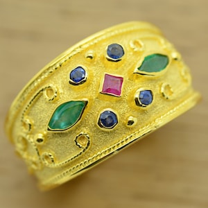 Byzantine Ring Rubies, Emeralds, Sapphires 925 Sterling Silver 22K Gold Plated - High Quality product