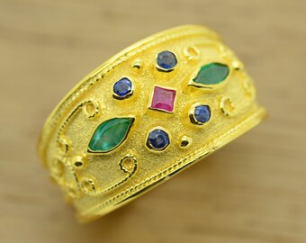 Byzantine Ring, Rubies, Emeralds, Sapphires, 22K Gold Plated 925 Sterling Silver
