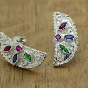 Byzantine Earrings Medieval Earrings Rubies Emeralds Sapphires 925 Sterling Silver Platinum Plated High Quality product