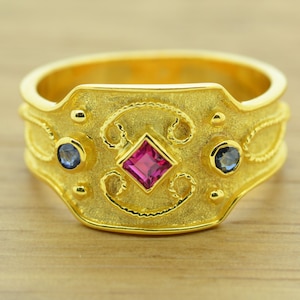 Gold Etruscan Ring, Vintage Gold Ring, Princess Cut Ring, 14K Solid Gold, Byzantine Style Ring, Natural Gemstone Sapphire Ruby Greek Jewelry