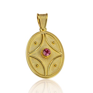 Rhodolite Pendant, Byzantine Jewelry, Greek Jewelry, Greek Gold Pendant, Oval Pendant, 14K 18K Gold Yellow , Byzantine Pendant