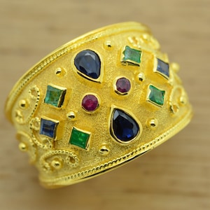 truscan Ring Rubies, Emeralds, Sapphires 925 Sterling Silver 22K Gold Plated - High Quality product