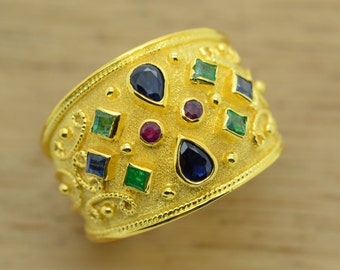 Etruscan Style Gemstone Ring, 22K Gold Plated Sterling Silver