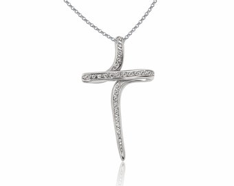 14k White Gold CZ Cross Pendant, Greek Jewelry
