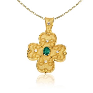 Emerald Diamond Cross, Byzantine Cross, Greek Cross, Gold Cross, Orthodox Cross, Baptism Cross, 18K Solid Gold, Emerald Cross, Gemstone
