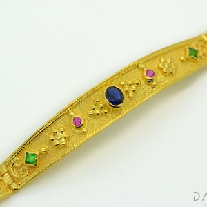 14K Solid Gold Byzantine Bracelet With Natural Rubies Emeralds Sapphires High Quality Greek Jewelry Etruscan Style Filigree Bracelet