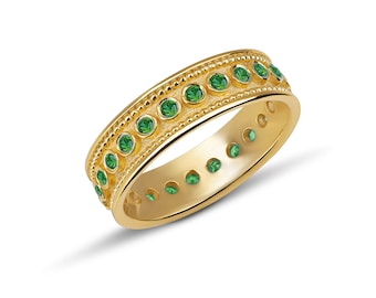 Natural Emerald Eternity Band, Emerald Pave Ring, Byzantine Emerald Ring, Emerald Solid Gold Ring, Greek Style Ring, Greek Emerald Ring