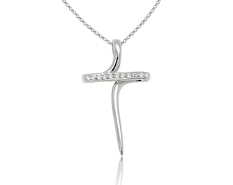 14K White Gold Greek Cross Pendant, CZ Religious Jewelry