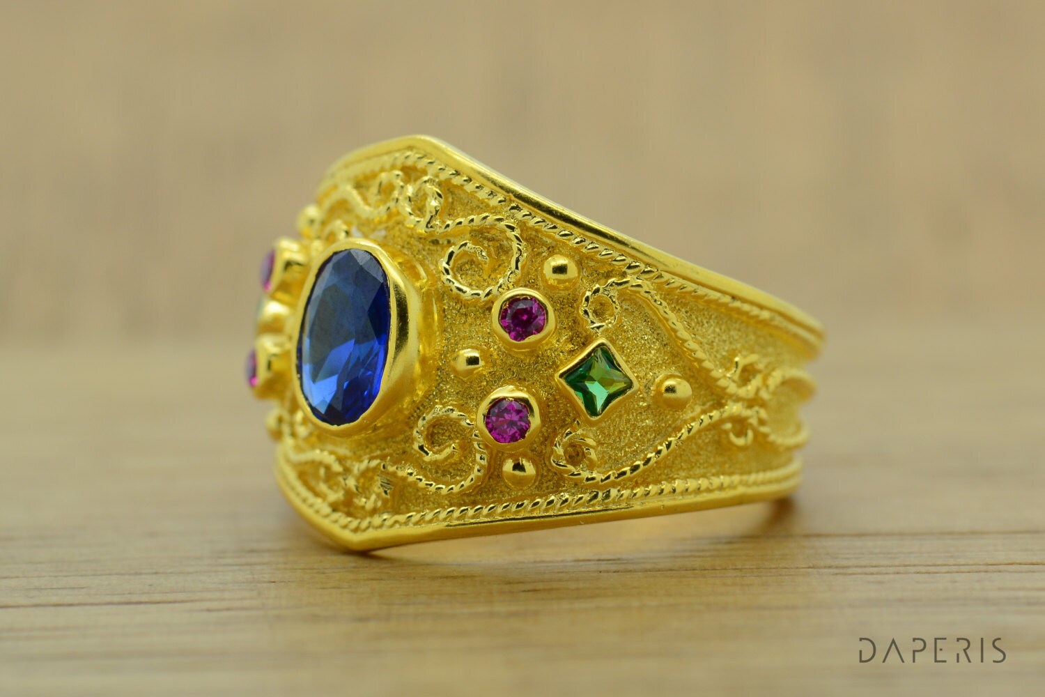 Byzantine Style 925 Silver Ring, 22k Gold Plated, CZ Gemstones - Etsy