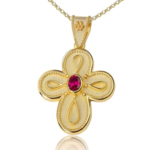 Ruby Cross, Byzantine Cross, Greek Cross, Gold Cross, Orthodox Cross, Baptism Cross, 18K Solid Gold, Gemstone Cross, Oval Ruby