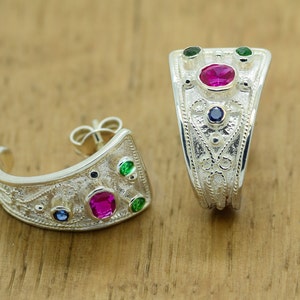 Vintage Earrings, Byzantine Earrings, Medieval Earrings, Rubies Emeralds Sapphires 925 Sterling Silver Platinum Plated, Greek Earrings