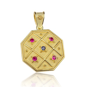 Octagon Pendant, Byzantine Pendant, Greek Pendant Jewelry, Gold Pendant, Gemstone Pendant, Ruby Sapphire, Geometric Pendant, Multigem