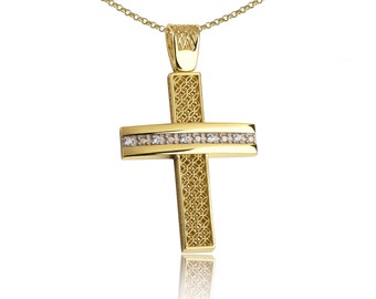 Women Cross, Double Sided Cross, 14k Baptism Cross, 14K Yellow Gold Cross, Greek Cross, Greek Jewelry, Cz Cross