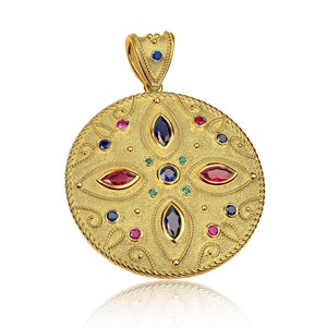 Big Round Byzantine Pendant WIth Ruby Sapphire Emeralds, Byzantine Jewelry, Greek Jewelry, 14K 18K Gold, Geometric Pendant, Greek Pendant