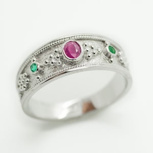 Natural Ruby Ring, Mothers Stone Ring, Sterling Silver Gemstone Ring, Filigree Byzantine Ring, Genuine Ruby Emerald, Etruscan, Greek Jewelry