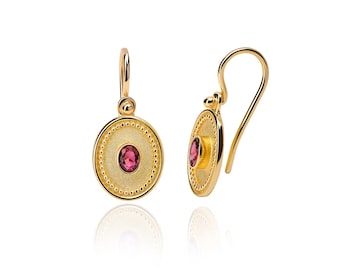 18K Gold Byzantine Ruby Drop Earrings, Handmade Greek Jewelry