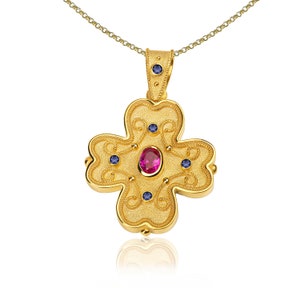 Natural Ruby Sapphire Cross, Byzantine Cross, Greek Cross, Gold Cross, Orthodox Cross, Baptism Cross, 18K Solid Gold, Gemstone Cross