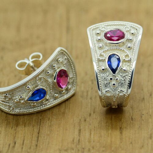 Byzantine Earrings shops Medieval Earrings Rubies Sapphires 925 Sterling Silver Platinum Plated High Quality product Etruscan Style