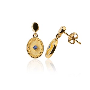 Drop Sapphire Earrings, Byzantine Drop Earrings, Natural Sapphire Earrings, 18K  14K Gold Earrings, Yellow Gold, Greek Earrings, Women