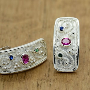 Vintage Style Earrings, Delicate Earrings, Bohemian Earrings, Byzantine Earrings, Medieval Earrings,Women Ruby Sapphires 925 Sterling Silver