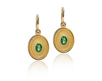 18K Gold Byzantine Emerald Drop Earrings, Handmade Greek Jewelry
