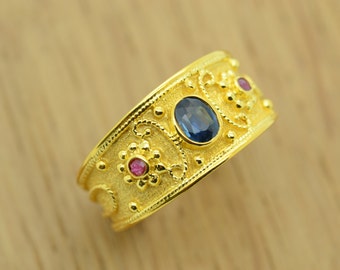 Sapphire Engagement Ring, Gold Filigree Rings 14k, Yellow Gold Ring, Natural Sapphire Ring, 14k Gold Ring, Vintage Style Ring, Oval Cut Ring