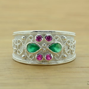 Medieval Ring, Byzantine Ring, Etruscan Ring, Greek Jewelry, 925 STERLING SILVER Ring, Rubies, Emeralds, CZ, Elegant Ring, Modern Ring