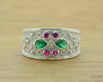 Anello medievale, bizantina anello, anello etrusco, gioielli greci, anello dell'argento sterlina 925, rubini, smeraldi, CZ, elegante anello, anello moderno