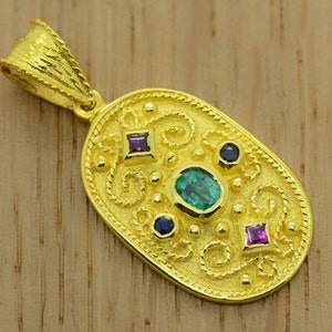 14K Solid Gold Natural Emerald Pendan Byzantine Style Natural Rubies Sapphires.High Quality Handmade product.Greek Art Greek Jewelry