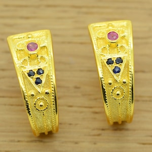 Huggie Gold Earrings, Gemstone Byzantine Gold Sapphire Ruby Earrings Greek Jewelry, Byzantine Greek Earrings, Made In Greece Earrings