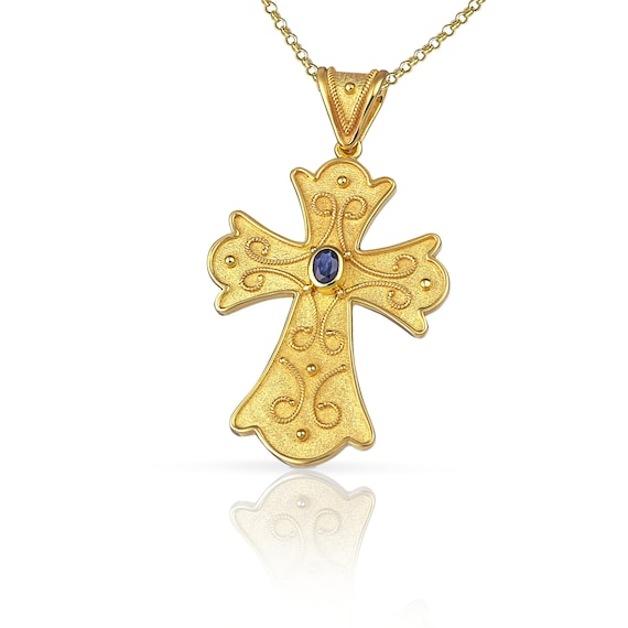 Sapphire Cross 18K Solid Gold Byzantine Cross Greek Cross | Etsy