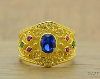 Byzantine Style 925 Silver Ring, 22k Gold Plated, CZ Gemstones