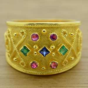 Vintage Gemstone Byzantine Etruscan Style Gold Ring 14K Natural Sapphire Emerald Ruby Greek Jewelry Elegant luxury Yellow Gold Medieval Ring